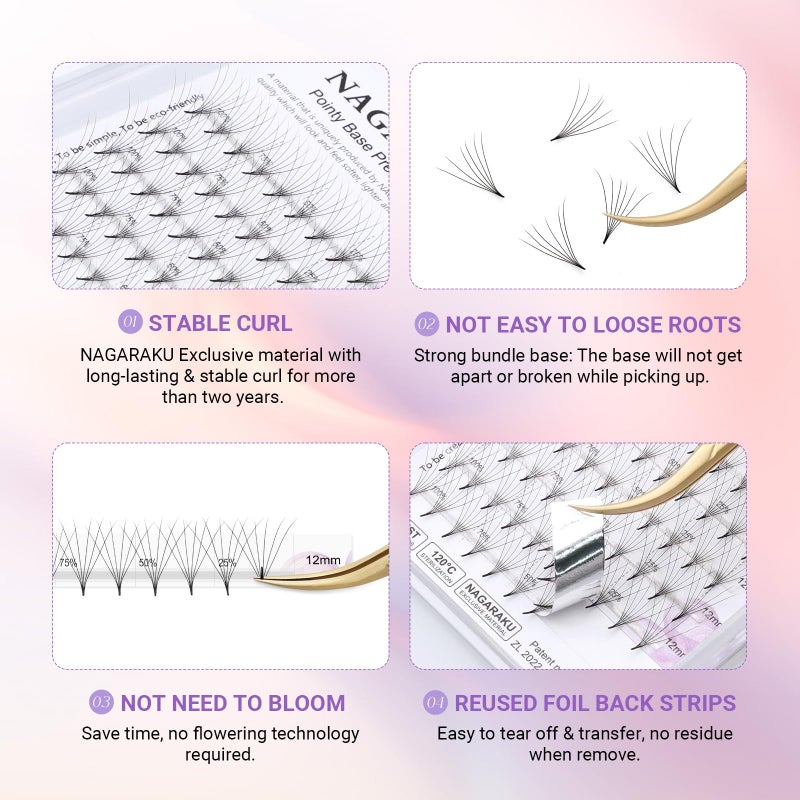 نجراكو وصلات رموش جاهزة من ناجاراكو، وصلات رموش كثيفة جاهزة، 120 خصلة، 6D، 0.07D، تجعيد، 8-15 مم، مزيج من سيقان حادة وضيقة، قواعد رفيعة مدببة، وصلات روسية جاهزة، وصلات رموش كثيفة جاهزة. - Image 3